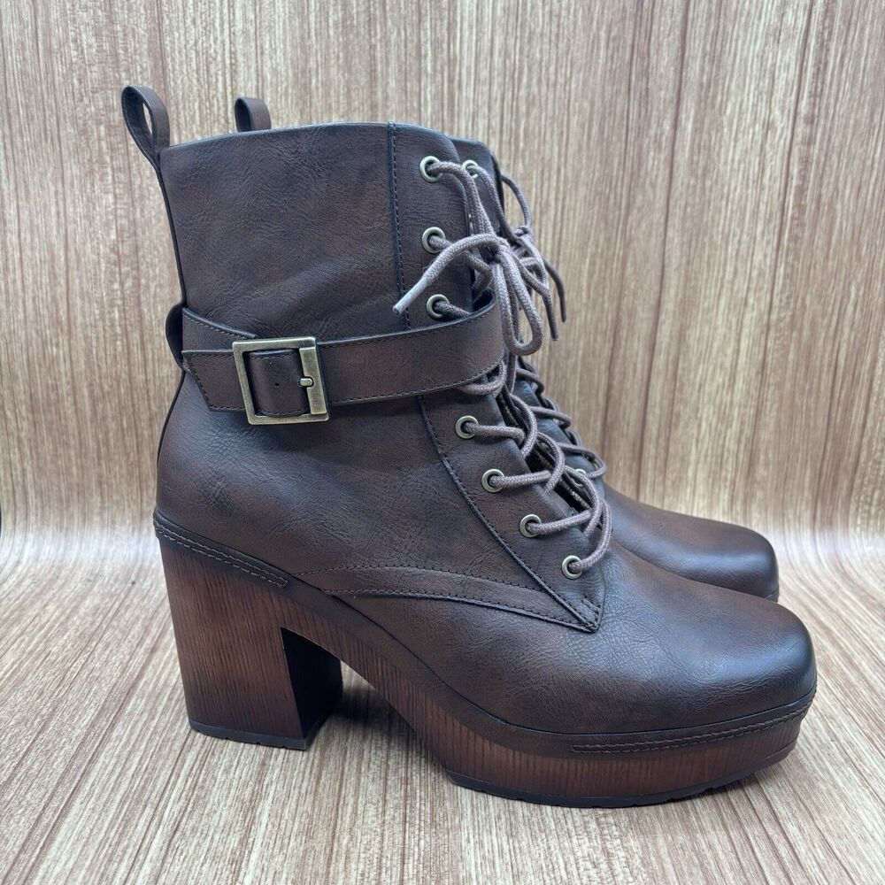 Korks Diana‎ Faux Brown Leather Lace-up Buckle Platform Bootie Women’s 10 M